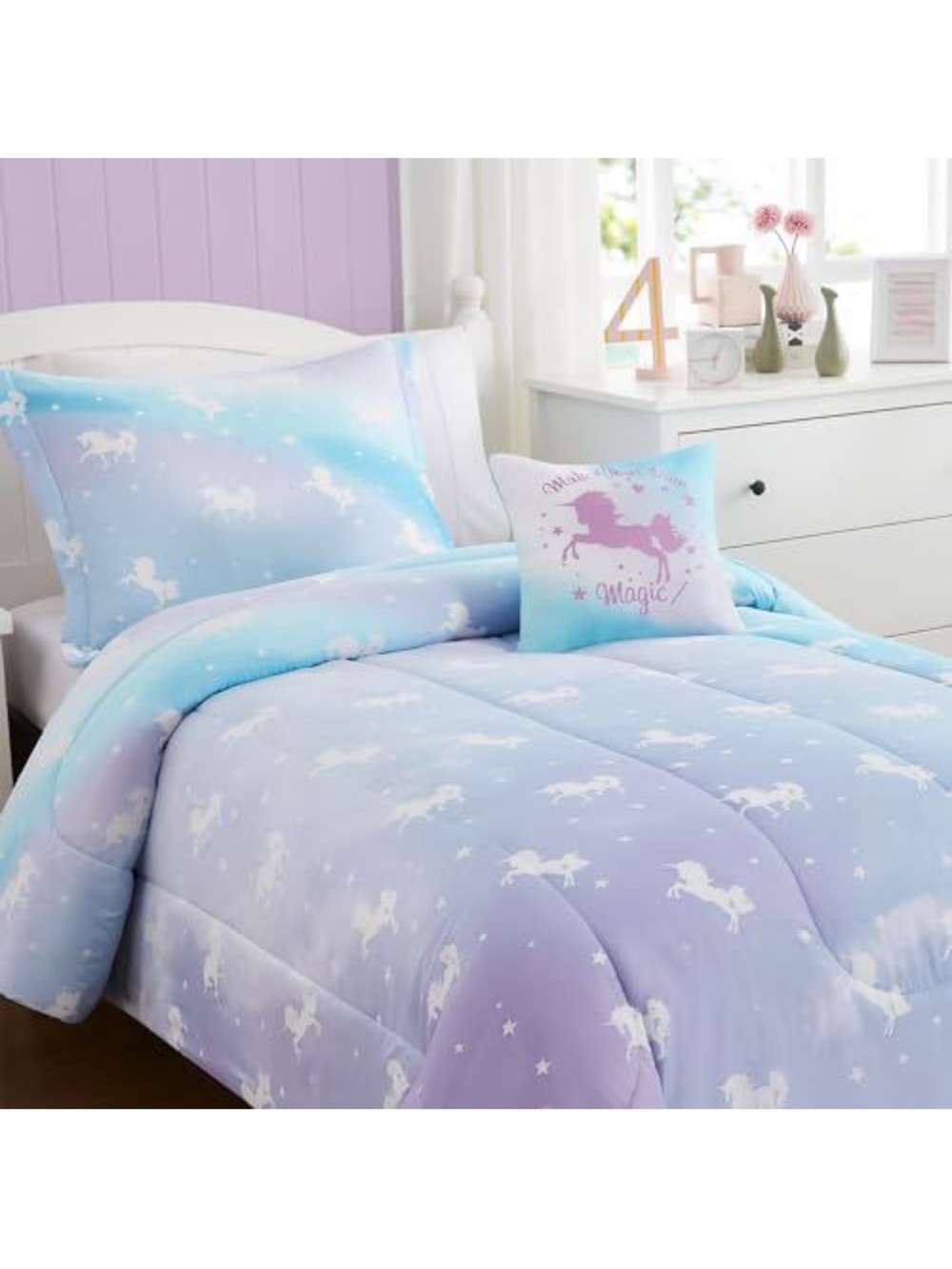 Glow-in-the-Dark Unicorn Twin Comforter Set - Lavender & Light Blue